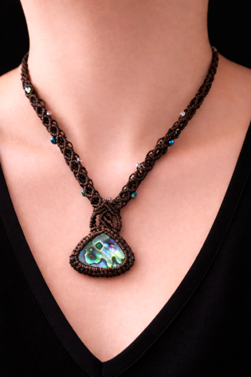 Collier Macramé Abalone et Perles de Bohème - Bijou Artisanal Ajustable,Lithothérapie