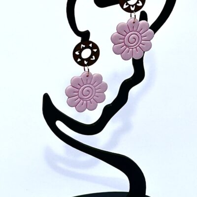 Boucles d’oreilles « Bloom » en pâte polymère rose et bois