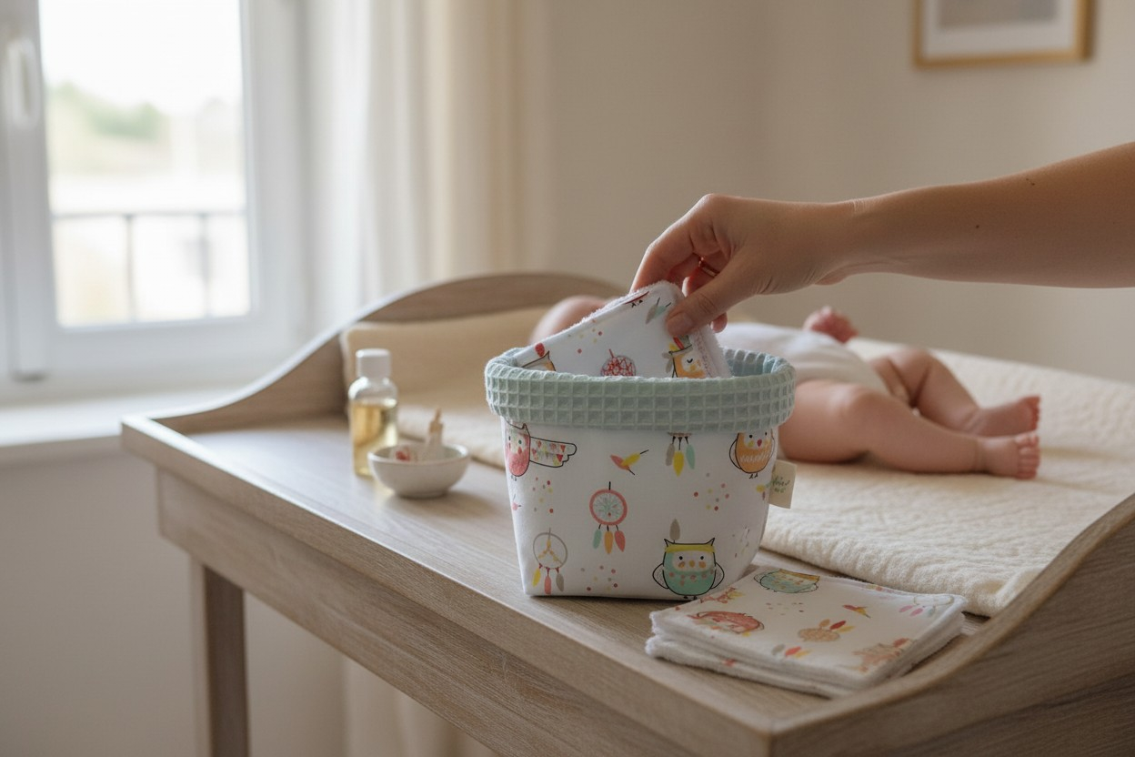Panier en tissu + 6 lingettes lavables bébé 100% coton Oeko-Tex – Motif hiboux – Image 5
