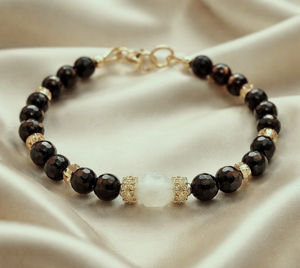 Bracelet Obsidienne Dorée et Pierre de Lune Gold Filled