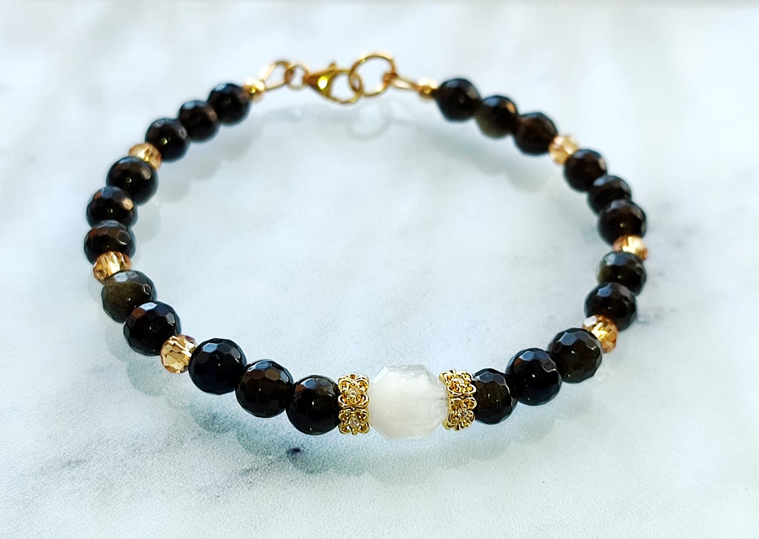 Bracelet Obsidienne Dorée et Pierre de Lune Gold Filled – Image 4