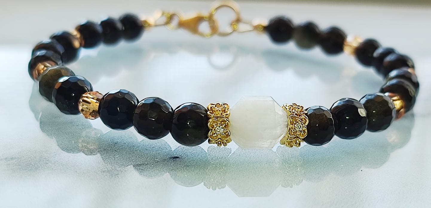 Bracelet Obsidienne Dorée et Pierre de Lune Gold Filled – Image 2