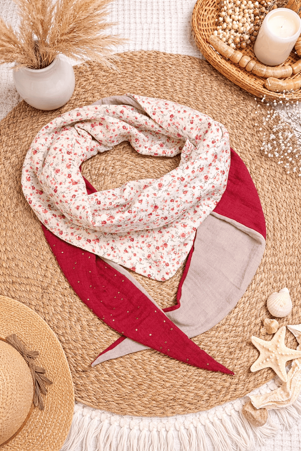 chèche double gaze coton fleurs rouge