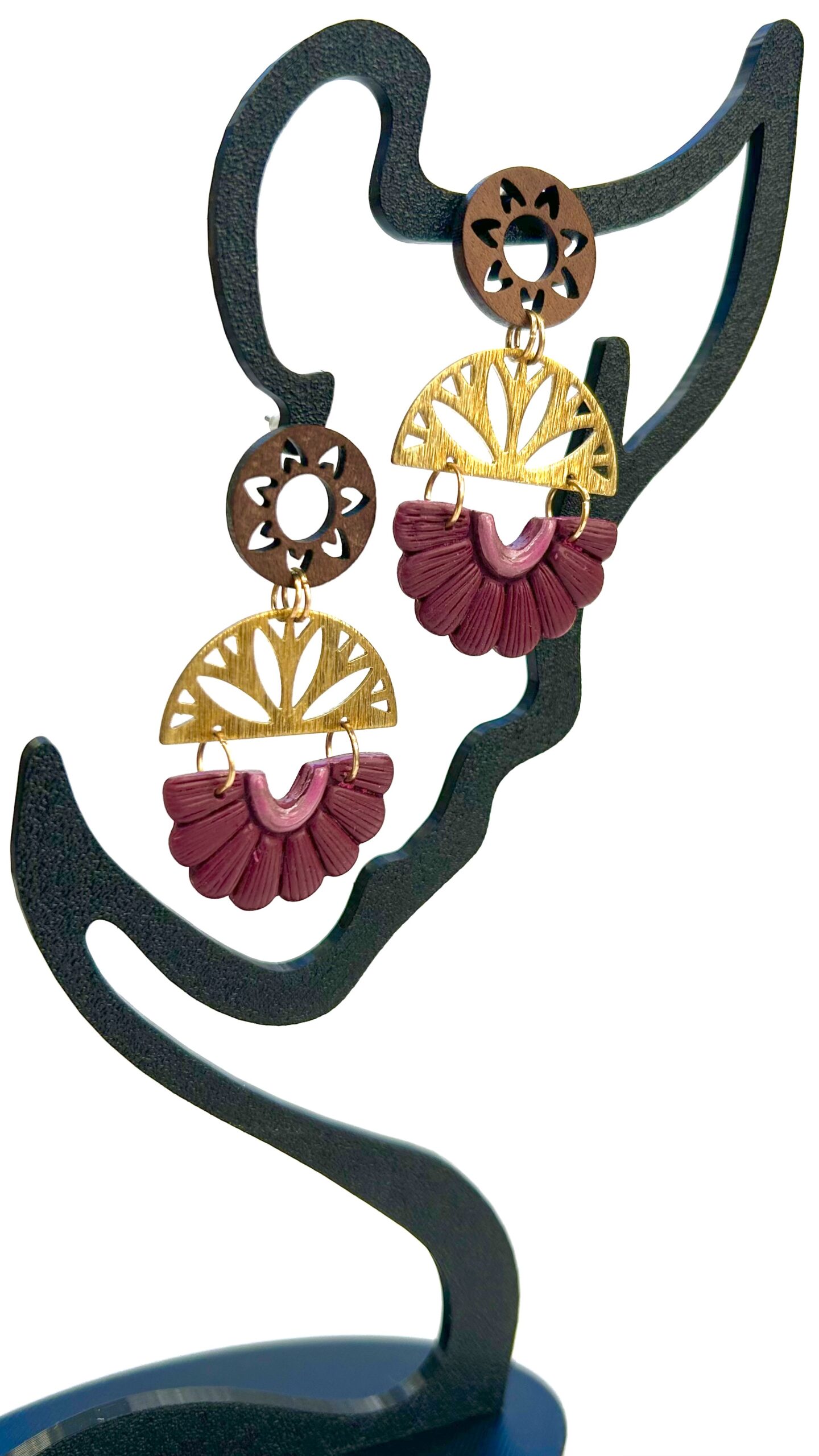 Boucles d’oreilles « Les Solaires » en pâte polymère bordeaux