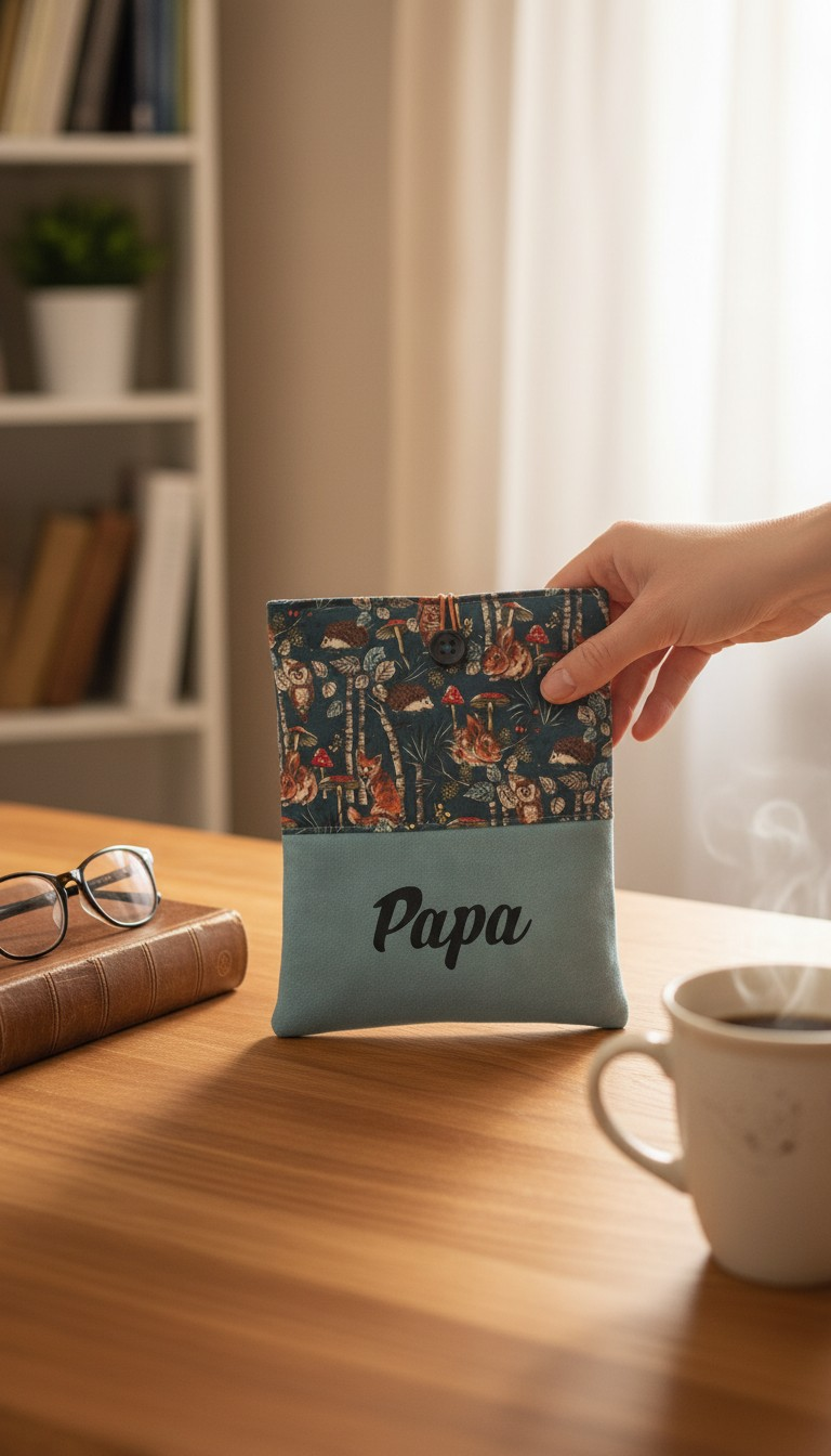 Pochette personnalisée livre, tablette & liseuse – Coton forêt & suédine bleue – Fait main – Image 3