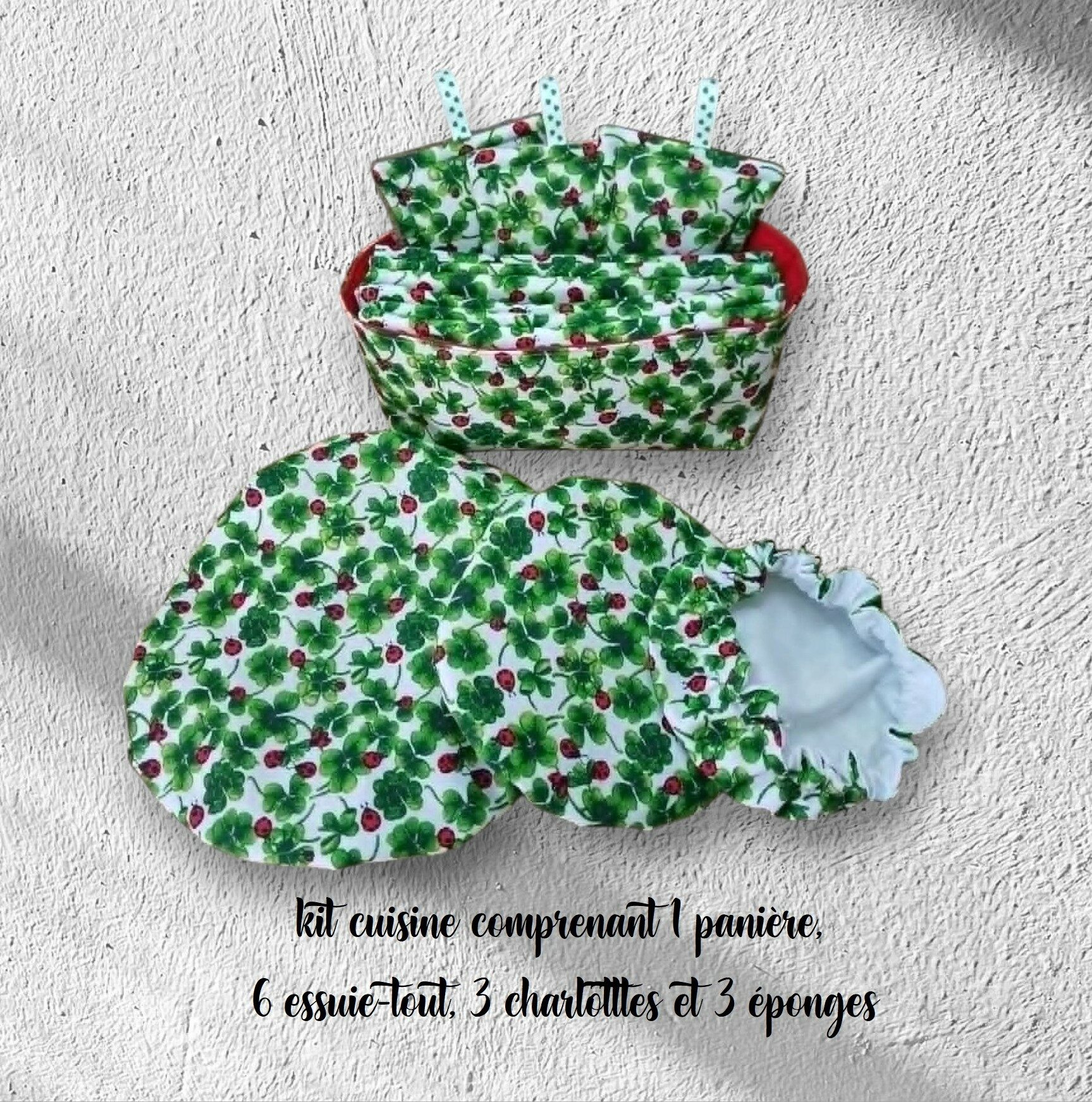 kit cuisine zéro déchet, panière, 6 essuie-tout, 3 charlottes et 3 éponges modèle trèfles et coccinelles