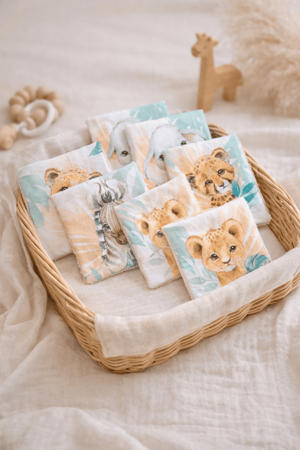 lot lingettes lavables animaux savane eponge bambou