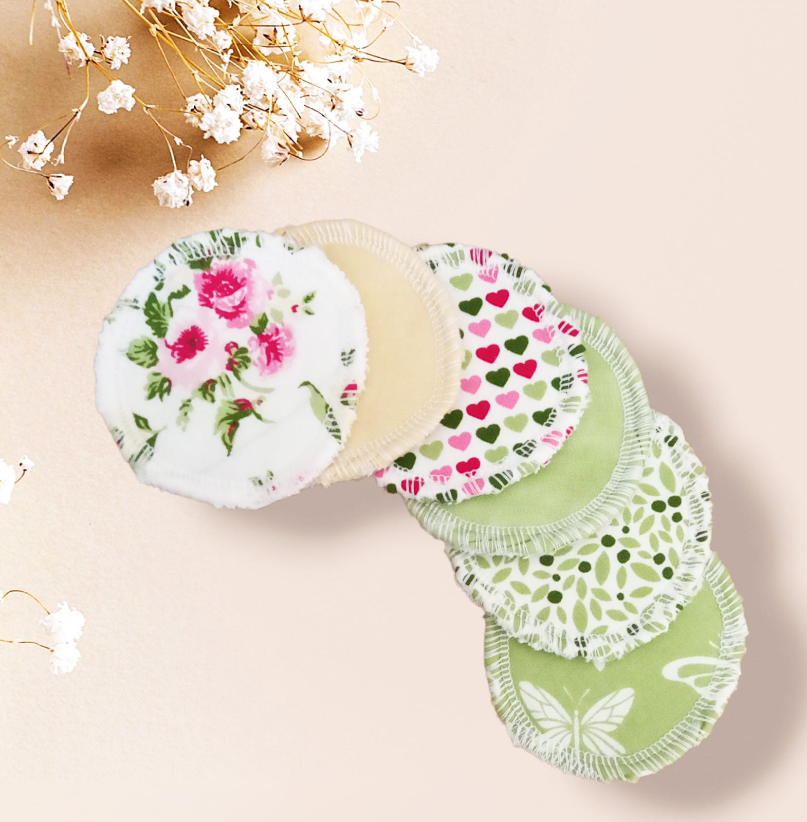 Disques démaquillants lavables - ROSES - (lot de 6) - Lingettes démaquillantes lavables et réutilisables - Tampons démaquillants lavables et réutilisables