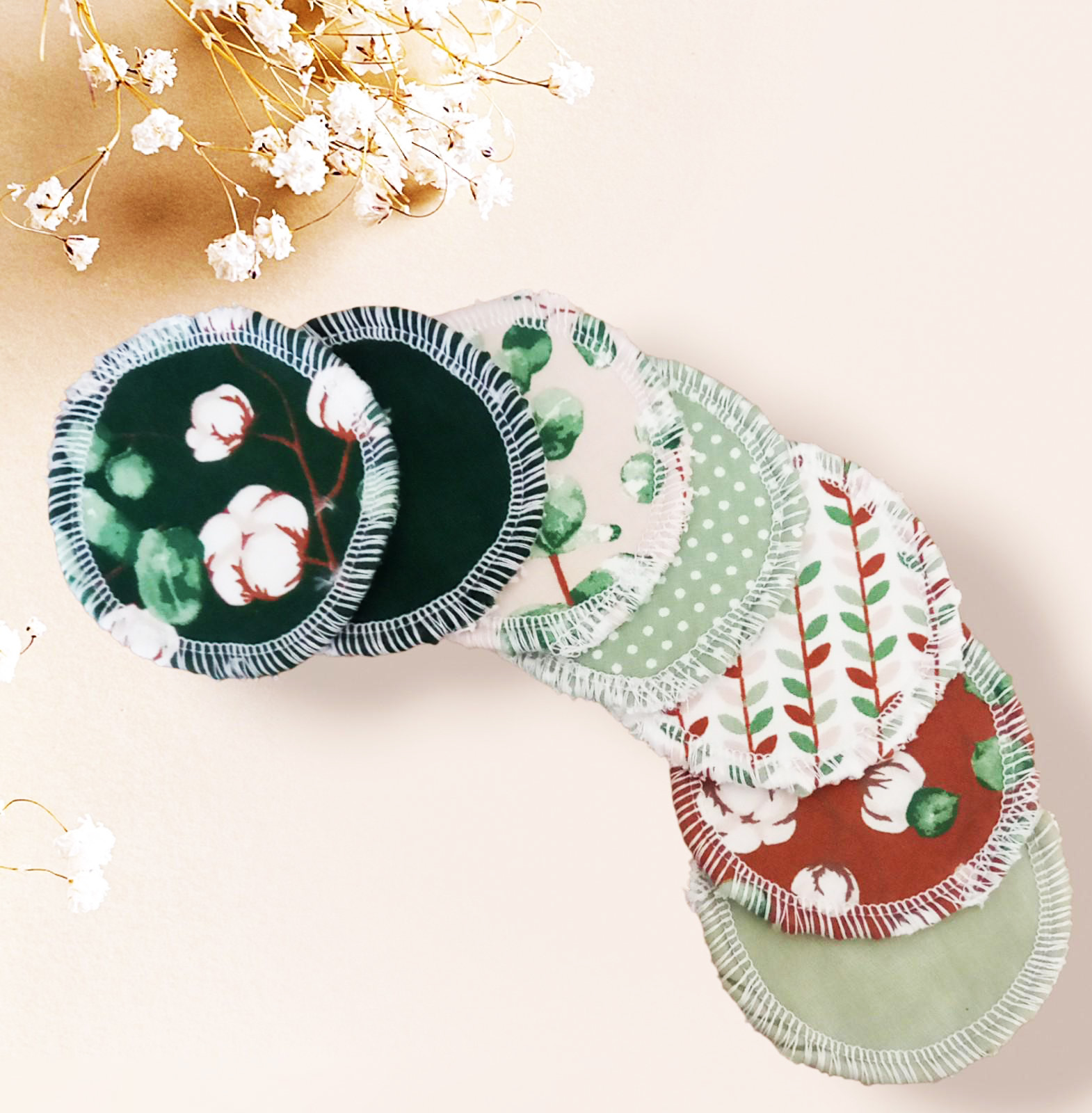 Disques démaquillants lavables - EUCALYPTUS - (lot de 7) - Lingettes démaquillantes lavables et réutilisables - Tampons démaquillants lavables et réutilisables