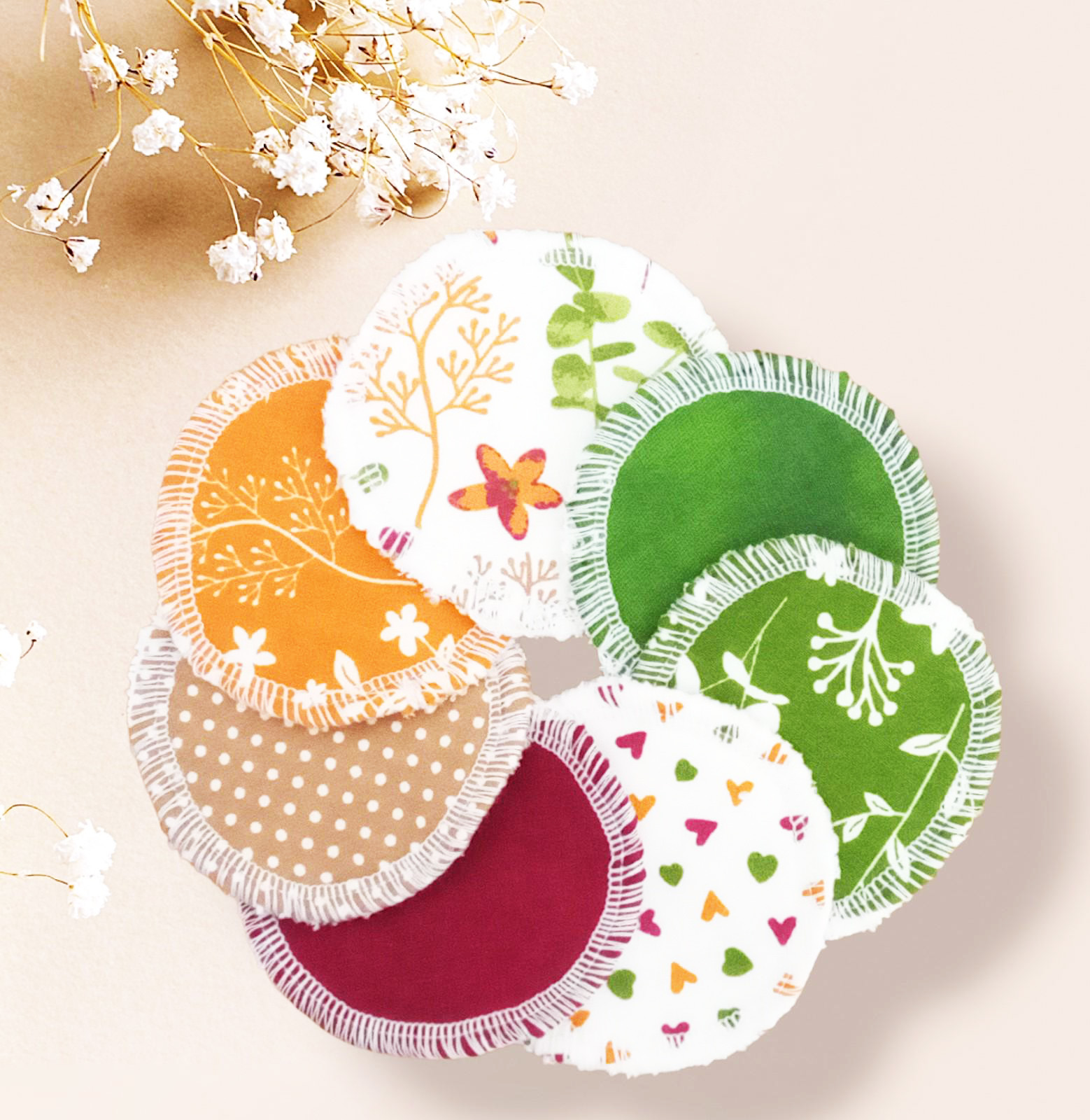 Disques démaquillants lavables - FLEURS DES CHAMPS - (lot de 7) - Lingettes démaquillantes lavables et réutilisables - Tampons démaquillants lavables et réutilisables