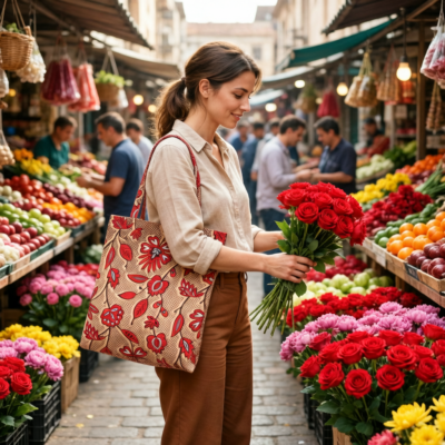 sac tote wax fleuri marron rouge pliable