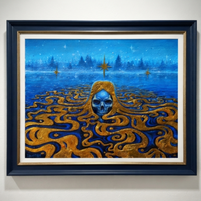 Tableau original gothique et mystique - Crâne de femme, lac et feuille d'or (lumineux UV)