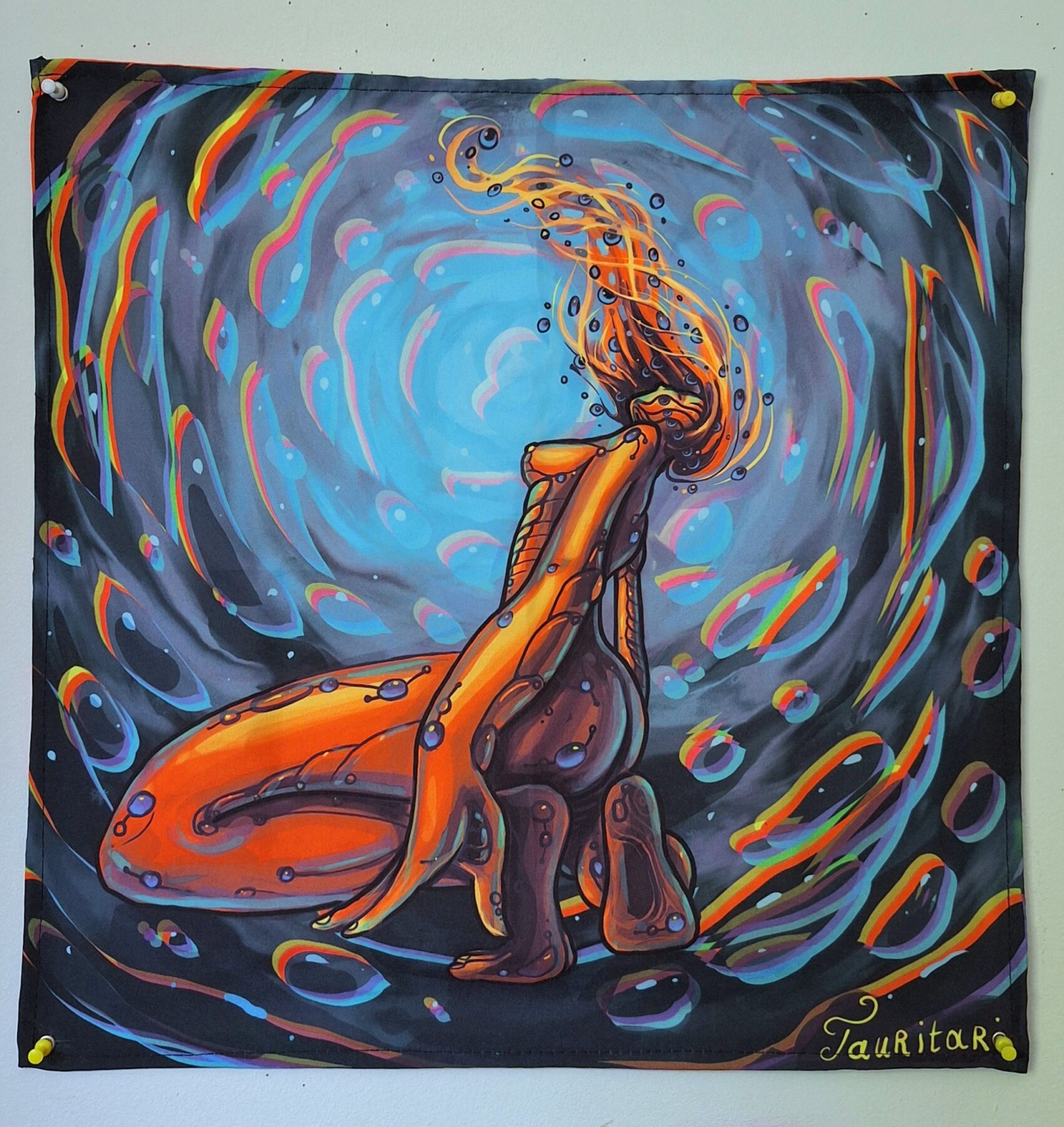 Tenture murale fluorescente UV « Cyborg en Hyperespace » – Gobelet art psychédélique, Déco Cyberpunk 50x50cm