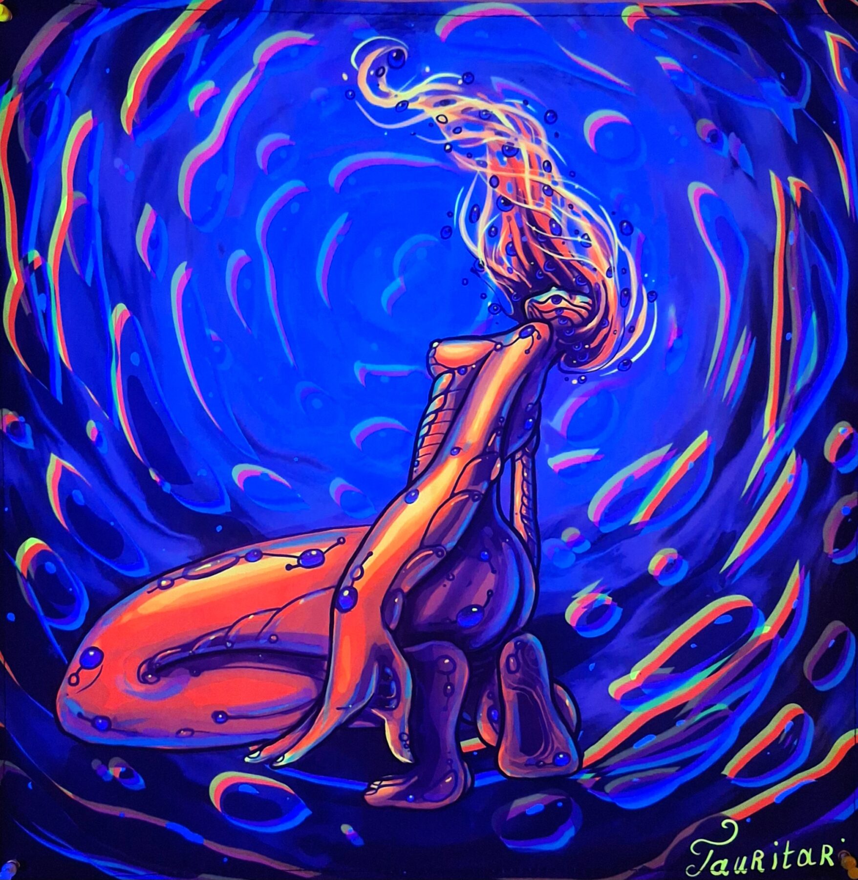 Tenture murale fluorescente UV « Cyborg en Hyperespace » – Gobelet art psychédélique, Déco Cyberpunk 50x50cm – Image 2