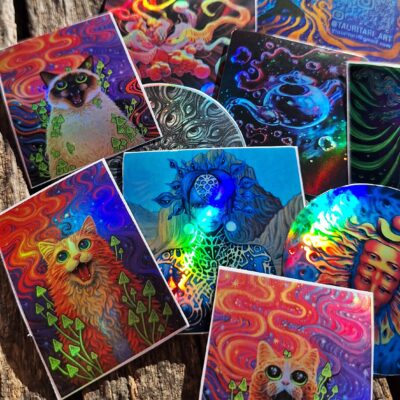 Lot de 12 Stickers Holographiques Psychédéliques et Fantastiques – Art Visionnaire