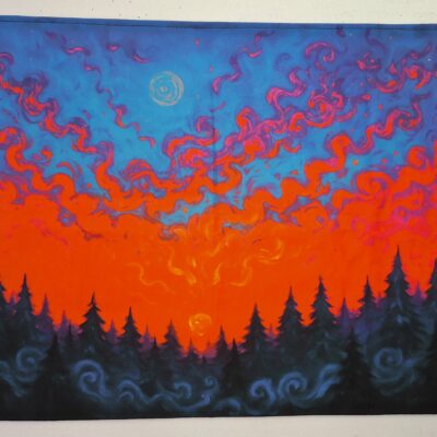 Tenture Murale Fluo Sous UV - Coucher de Soleil Psychédélique sur Forêt - 50x65cm - Fait Main