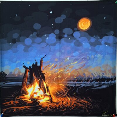 Tenture murale fluorescente feu de camp - Tissu UV 50x50 cm