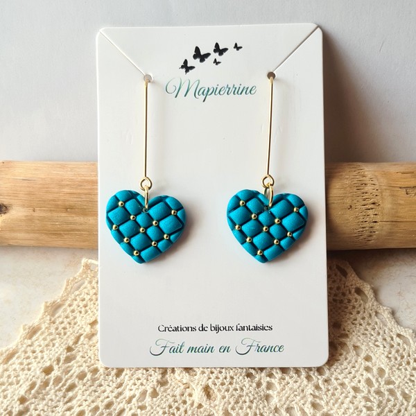 Boucles d'oreille femme fait main en pâte polymère et acier inoxydable Coeur et perles Bleu