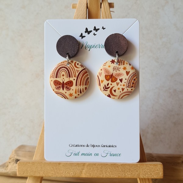 Boucles d'oreille pendante ronde 25 mm femme fait main en bois Nature – Image 3