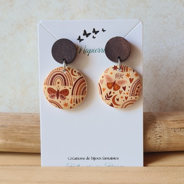 Boucles d'oreille pendante ronde 25 mm femme fait main en bois Nature