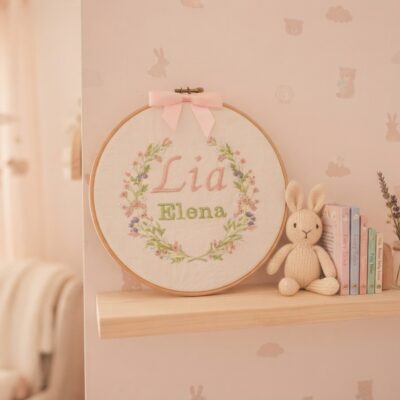 Cadre brodé personnalisé – Prénom de l’enfant 🌸