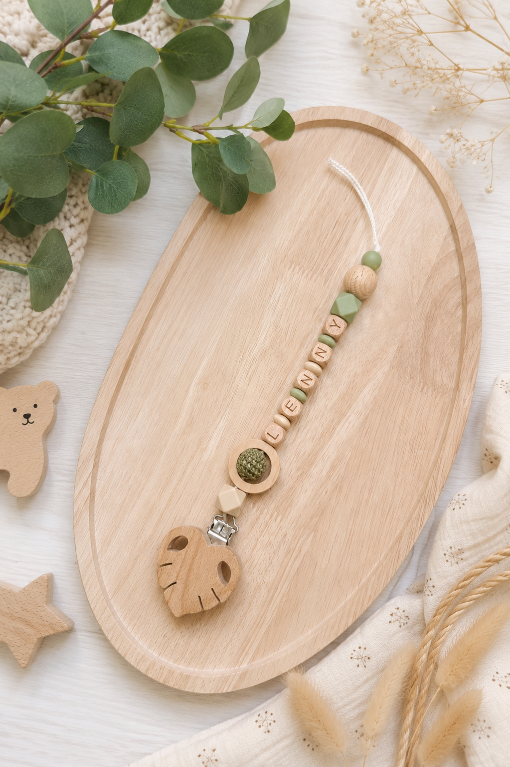attache tétine perle crochet clip feuille bois