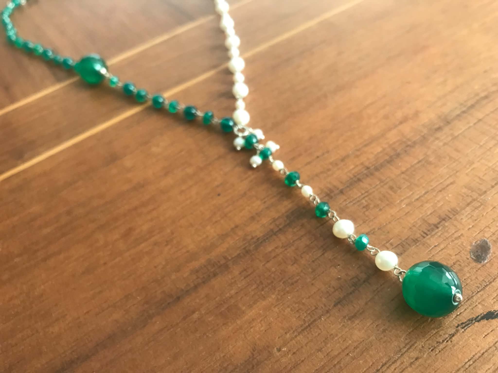 Collier en Argent 925, Perles de Culture et Onyx Vert, Collection "Quelque chose de Royal..."