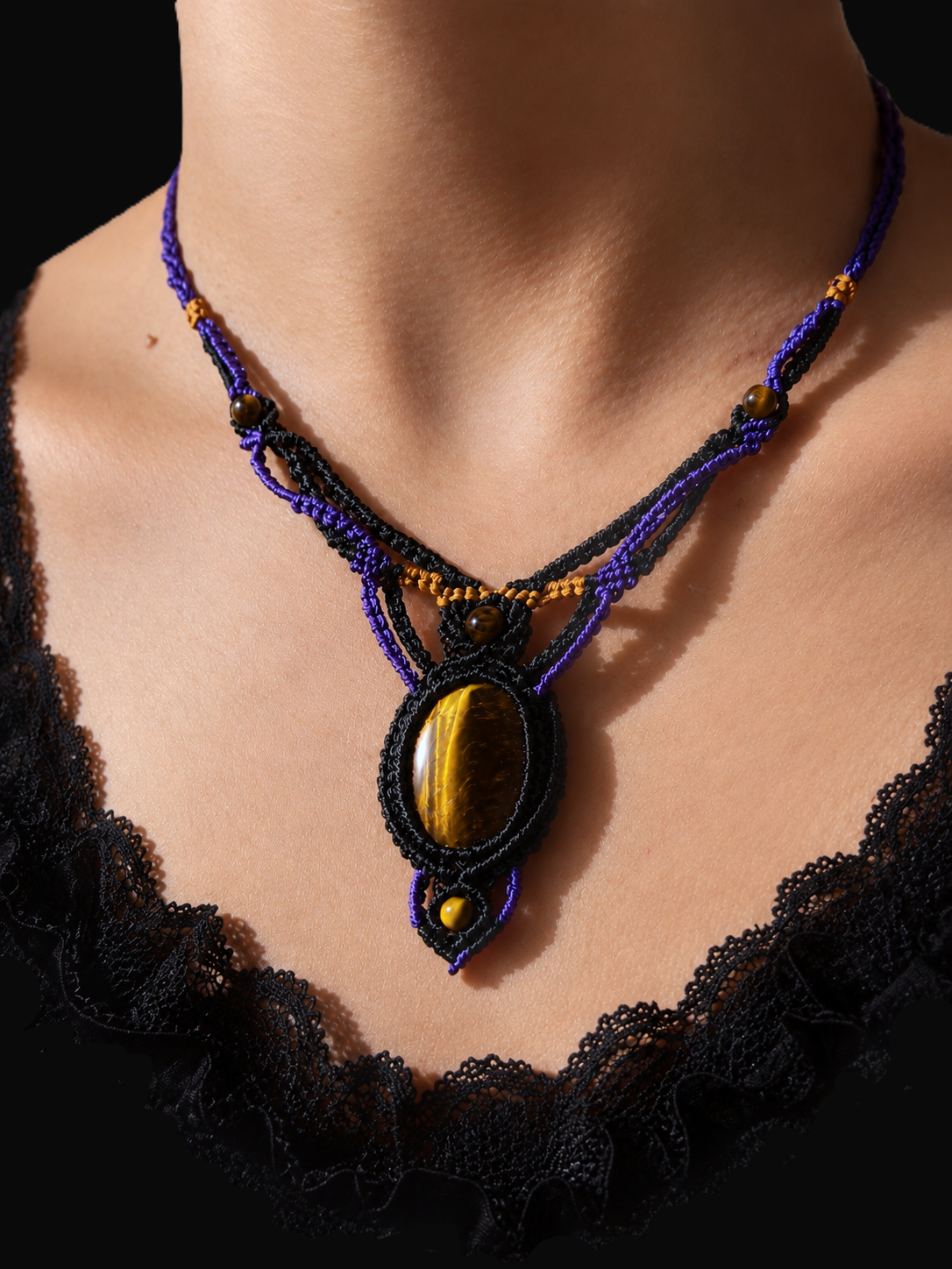 Collier Macramé En Pierre Fine Naturelle Oeil De Tigre / Bijou Artisanal Ajustable,Lithothérapie