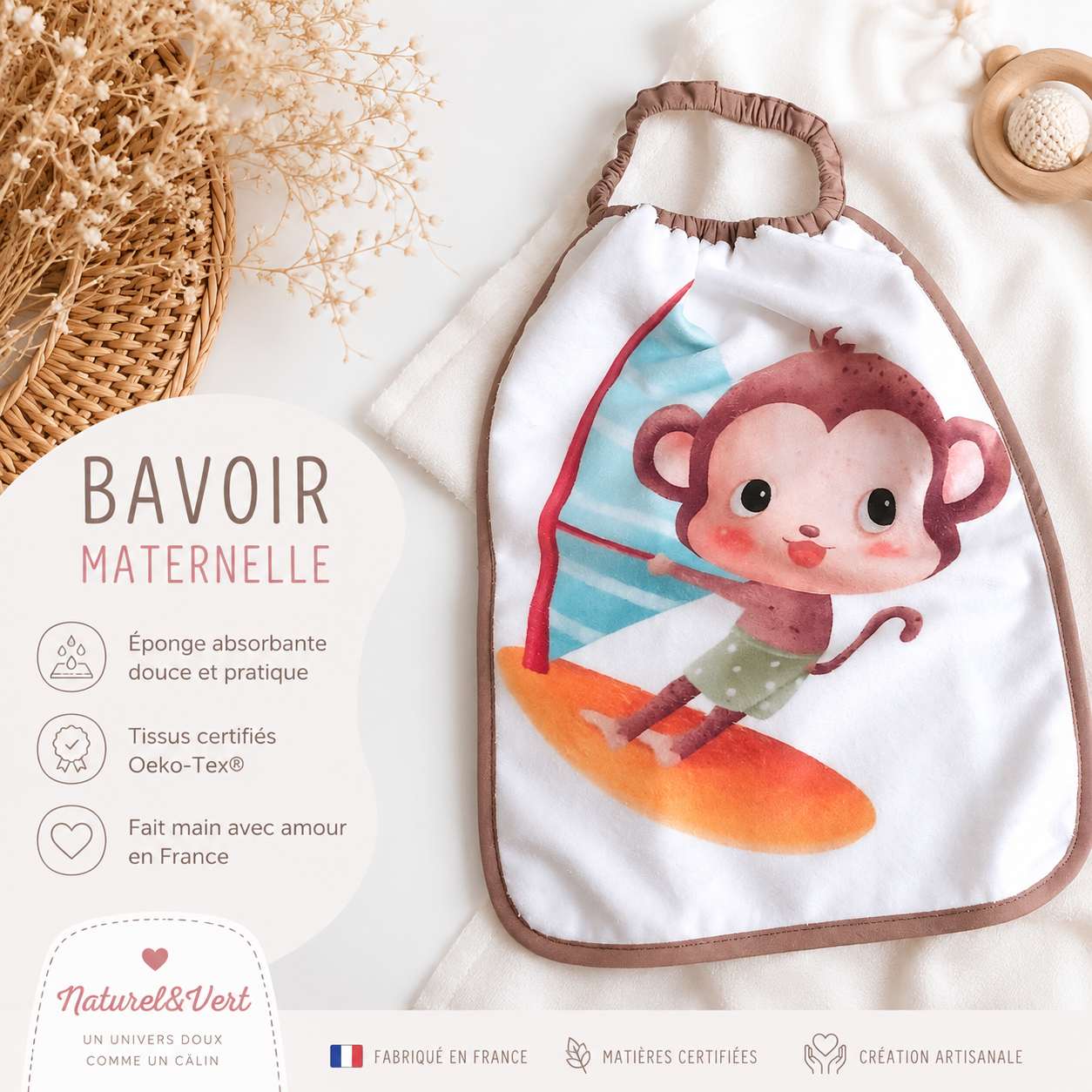 Bavoir maternelle élastique enfant – Fait main en France – Éponge Oeko-Tex – Motif singe surf – Image 3