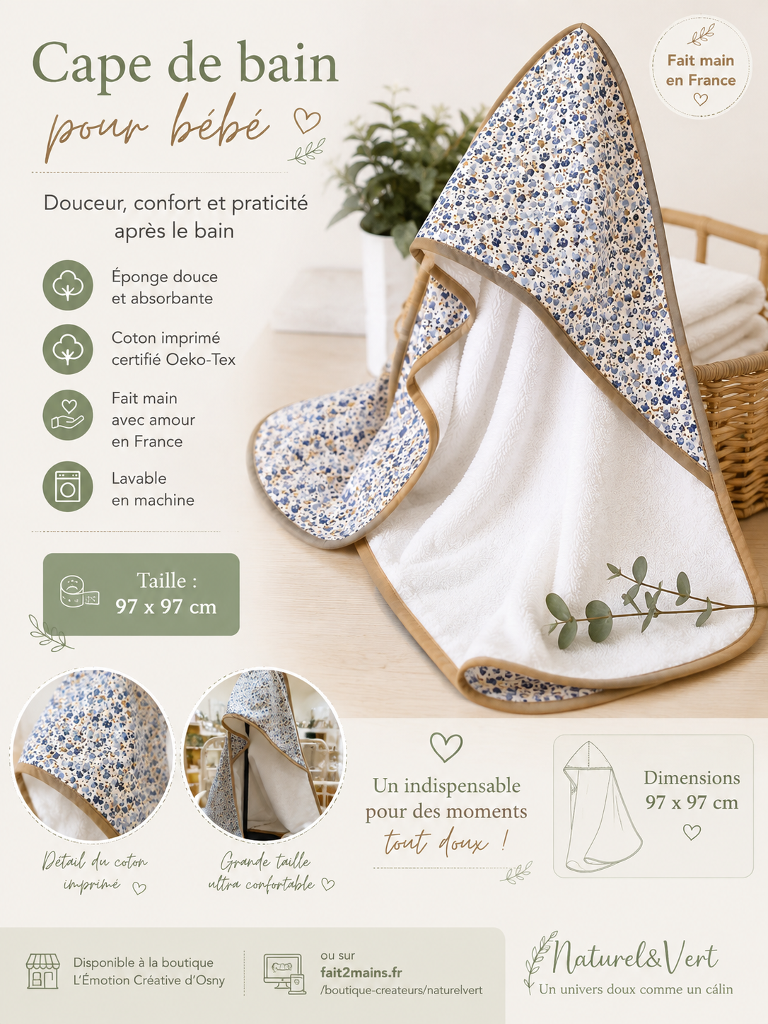Cape de bain bébé 97x97 cm – Coton & éponge bambou Oeko-Tex – Fait main en France – Image 4