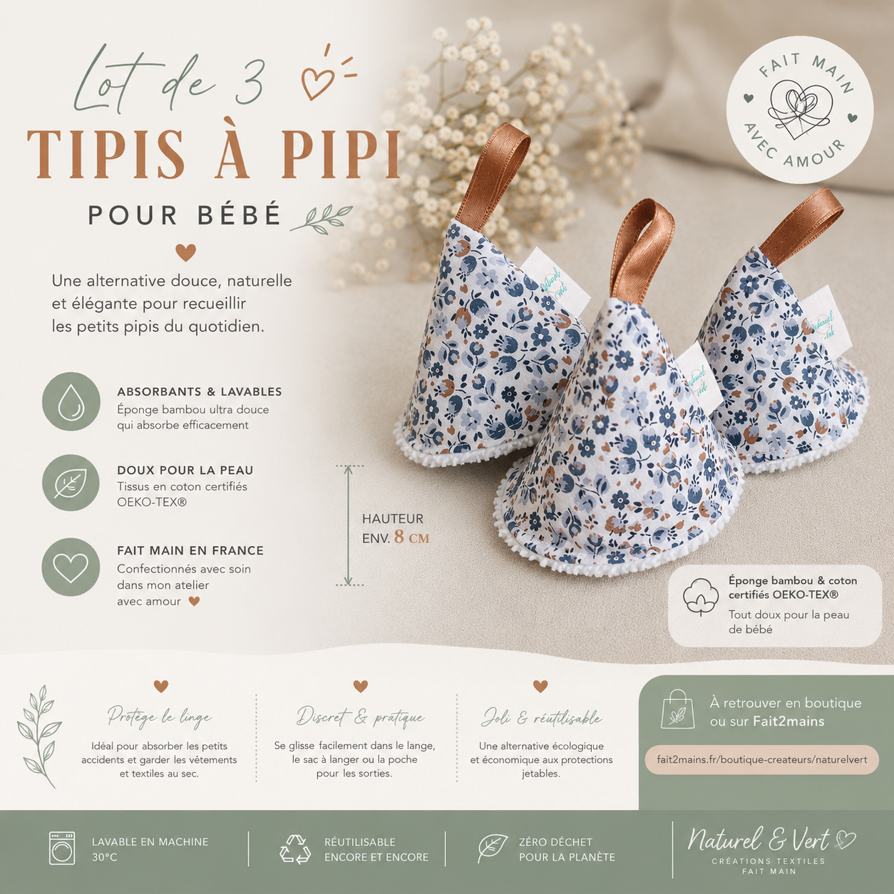 Lot de 3 tipis à pipi pour bébé garçon – Lavables, réutilisables et faits main – Coton OEKO-TEX® – Image 4
