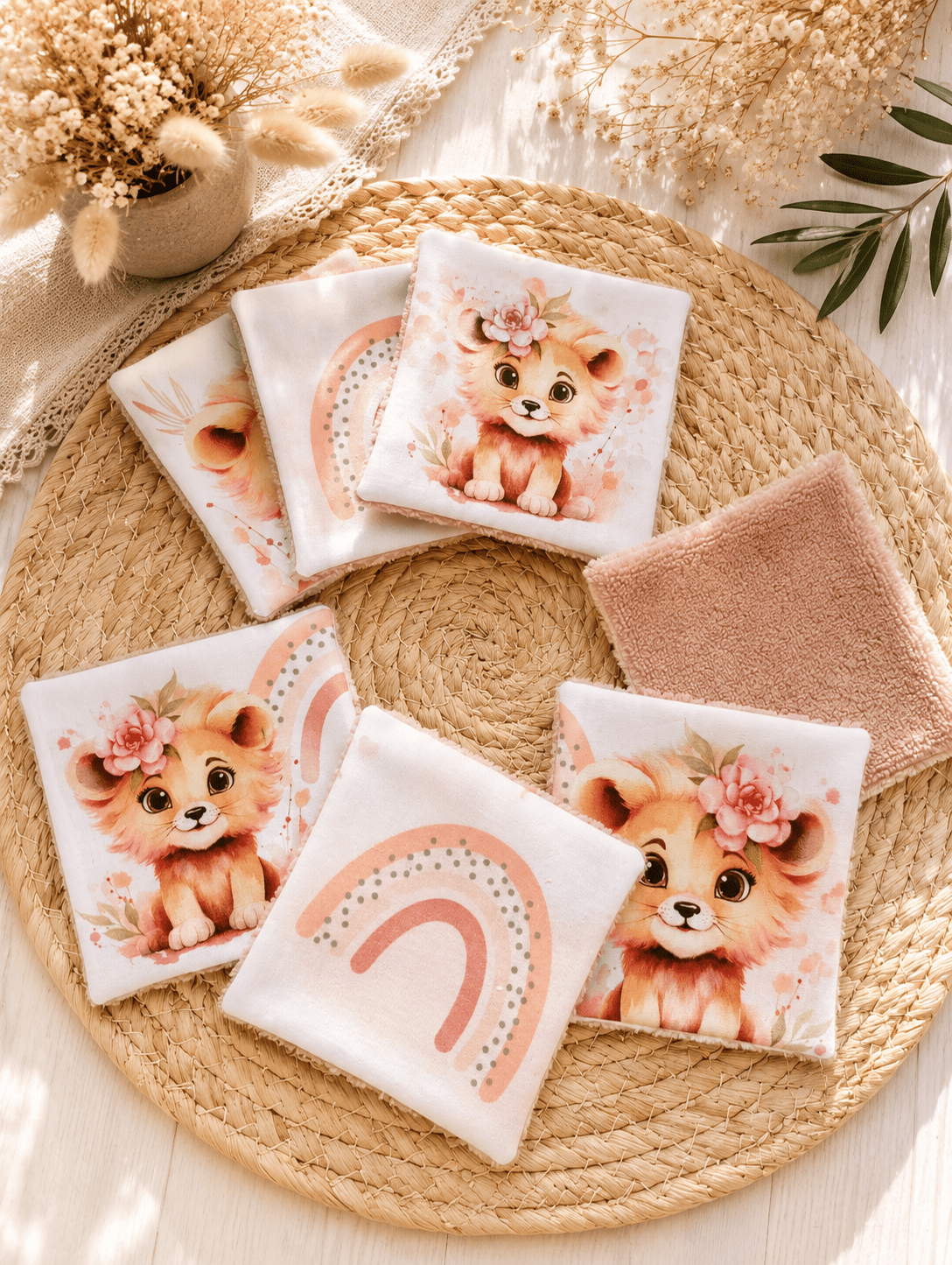 lot de lingettes lavables lionnes arc en ciel