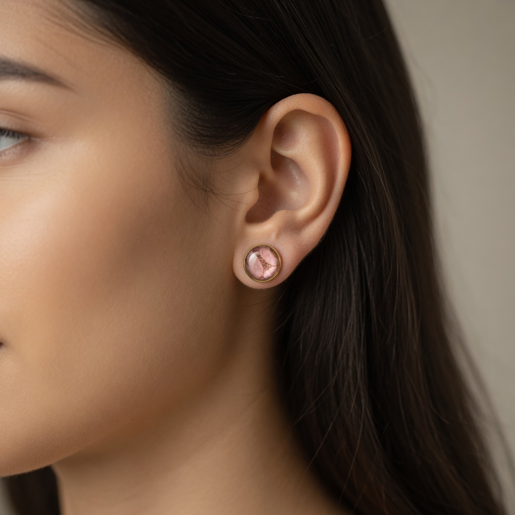Boucles d'oreilles puces fait main Māmūlī — cuivre & rose poudré portées