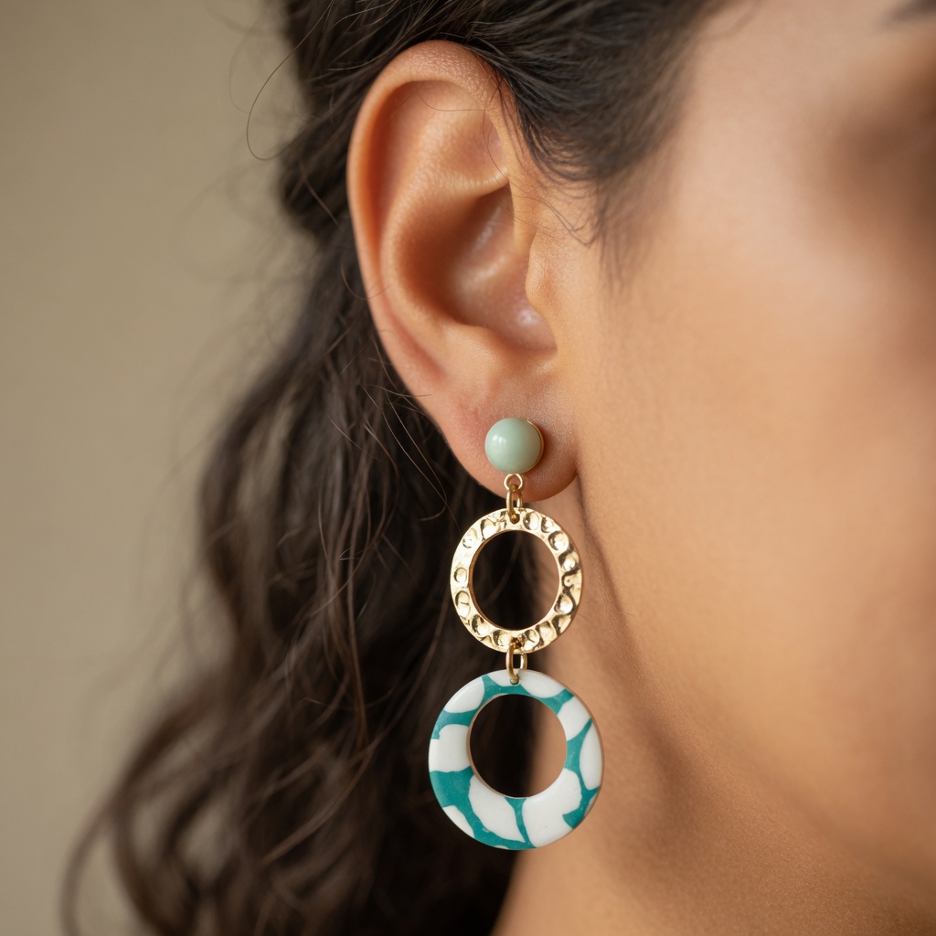 Boucles d'oreilles doubles cercles fait main Nāca, perle nacrée, cercle martelé laiton doré et cercle en papier lokta résiné vert émeraude et blanc, création artisanale française portées