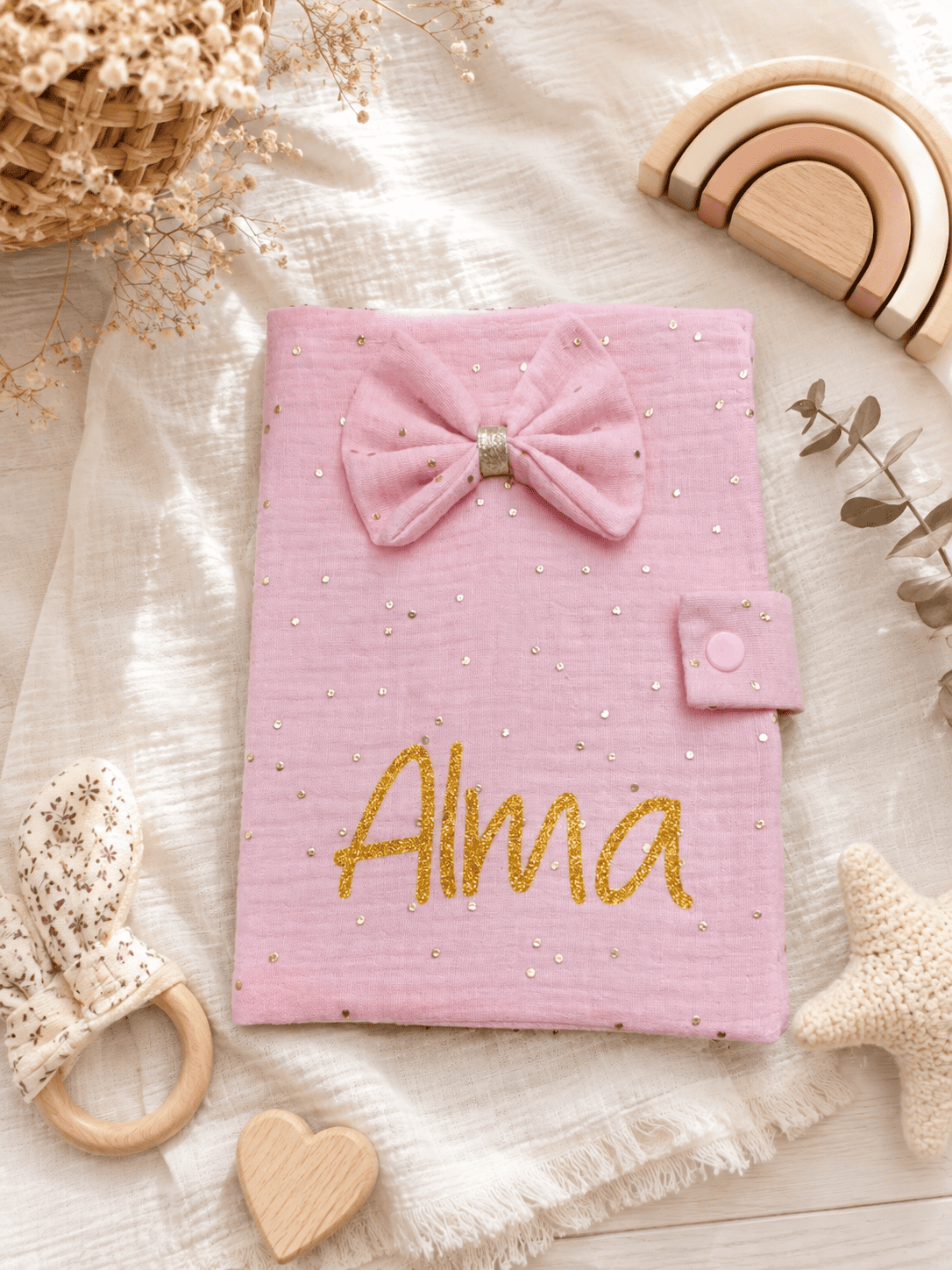 protège carnet de santé rose glitter noeud