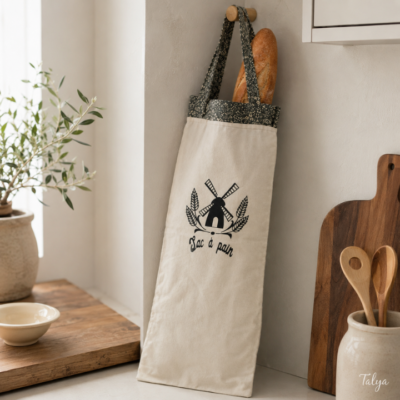 Sac à pain en tissu réutilisable – Motif Boulangerie – Fait main