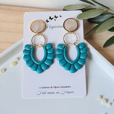 Boucles d'oreille femme fait main en pâte polymère acier inoxydable résine nacrée Turquoise métalic