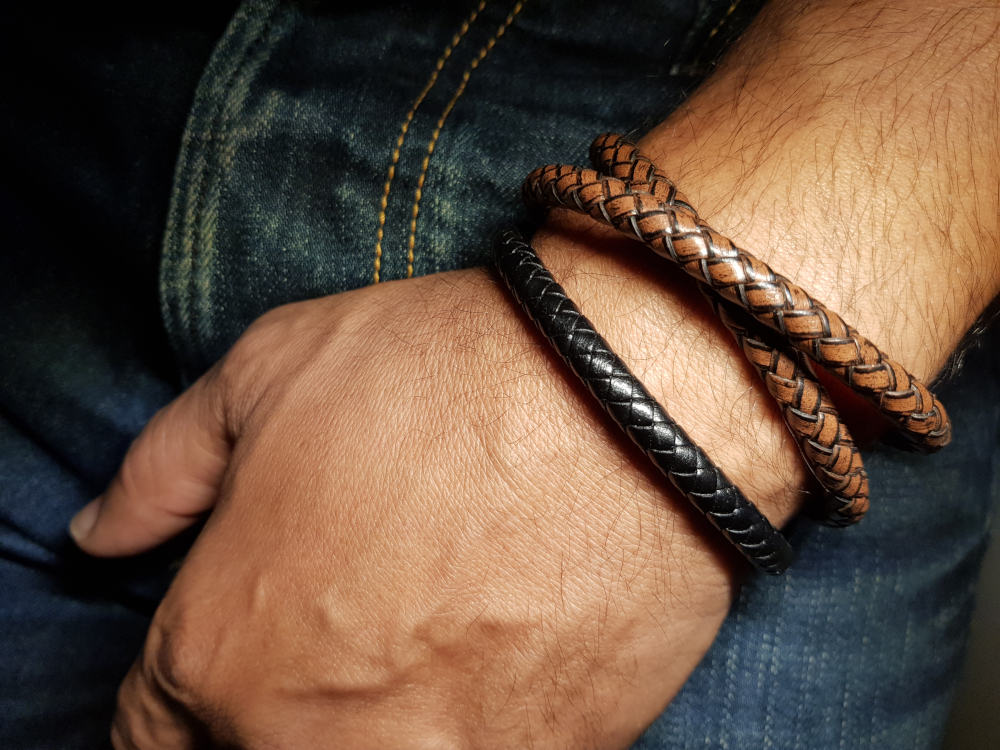 Lot 2 bracelets en cuir rond pour homme double tour marron et simple tour noir