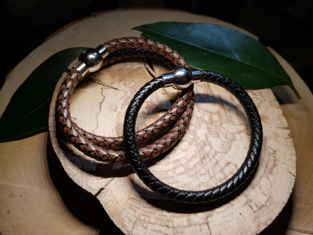 Lot 2 bracelets en cuir rond pour homme double tour marron et simple tour noir