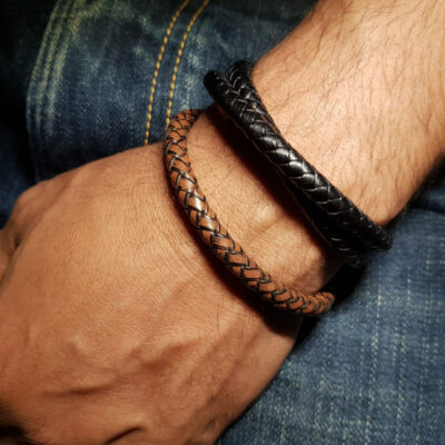 Lot 2 bracelets en cuir rond pour homme double tour marron et simple tour noir
