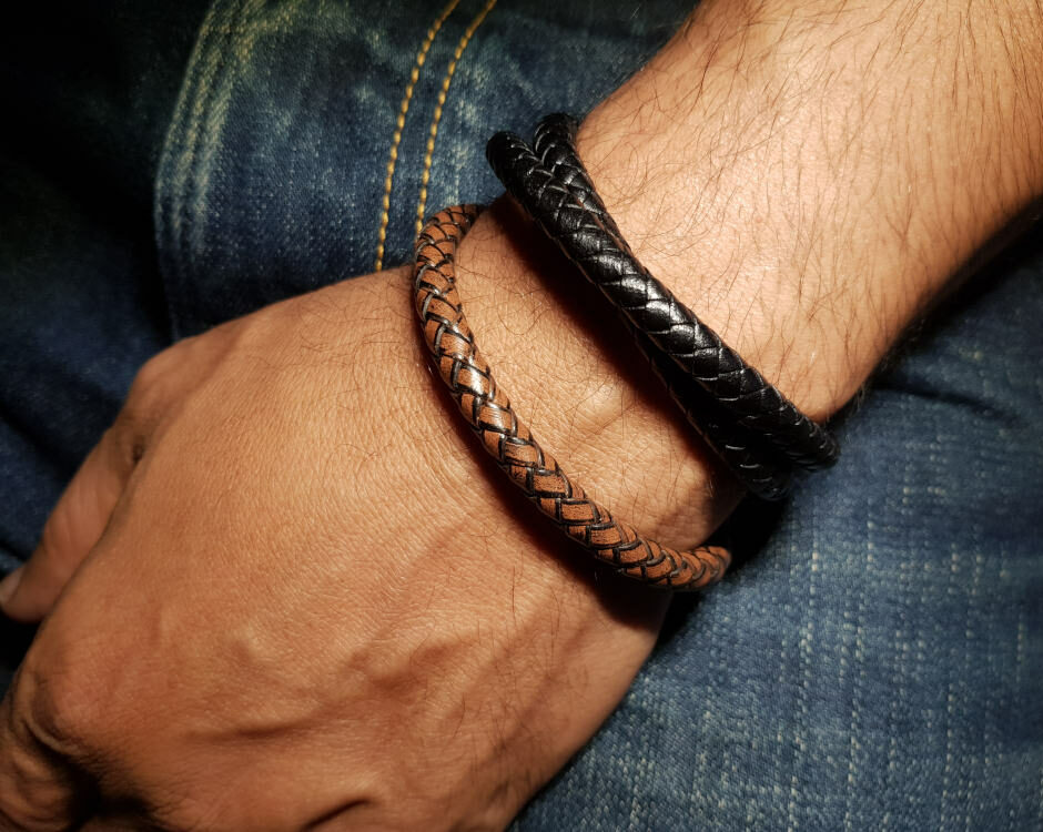 Lot 2 bracelets en cuir rond pour homme double tour marron et simple tour noir