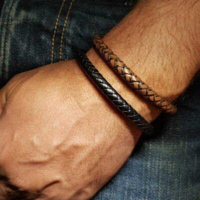 Lot de 2 bracelets pour homme en cuir rond Noir et marron