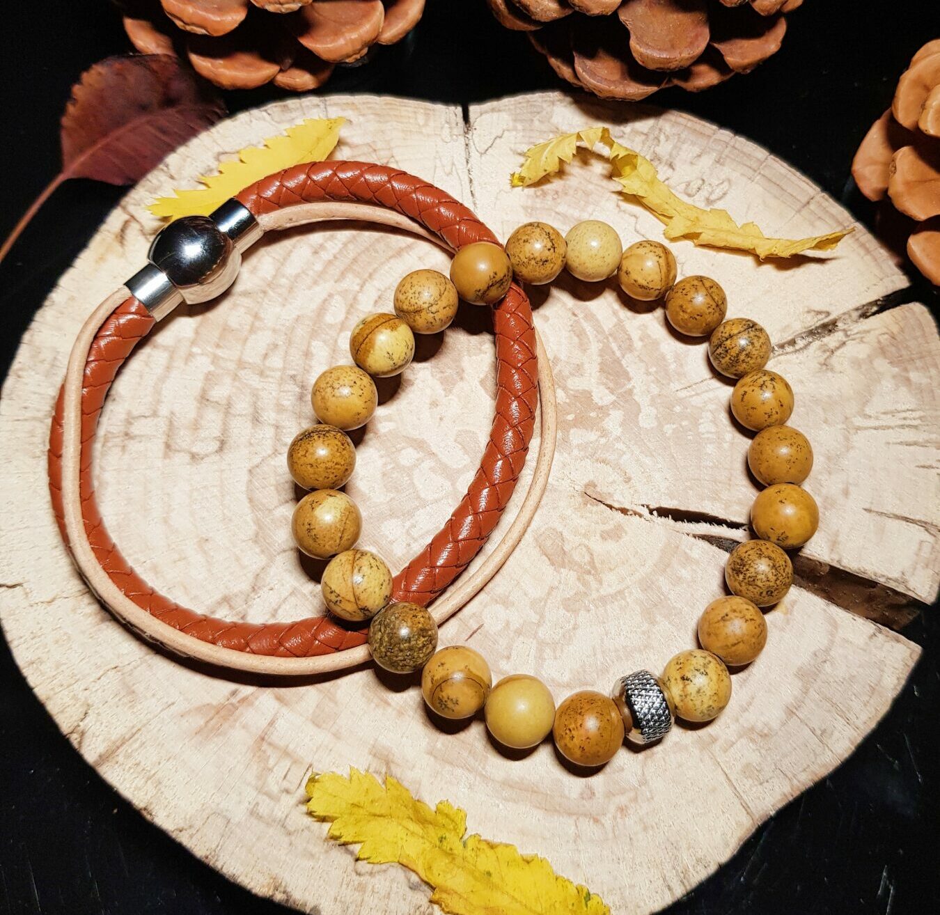 Duo de bracelets homme – perles naturelles Jaspe et cuir marron véritable