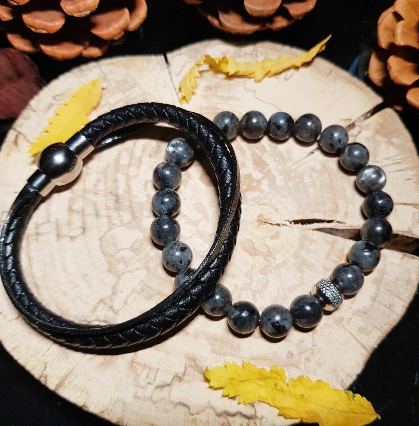 Duo de bracelets homme – perles naturelles Labradorite et cuir noir véritable