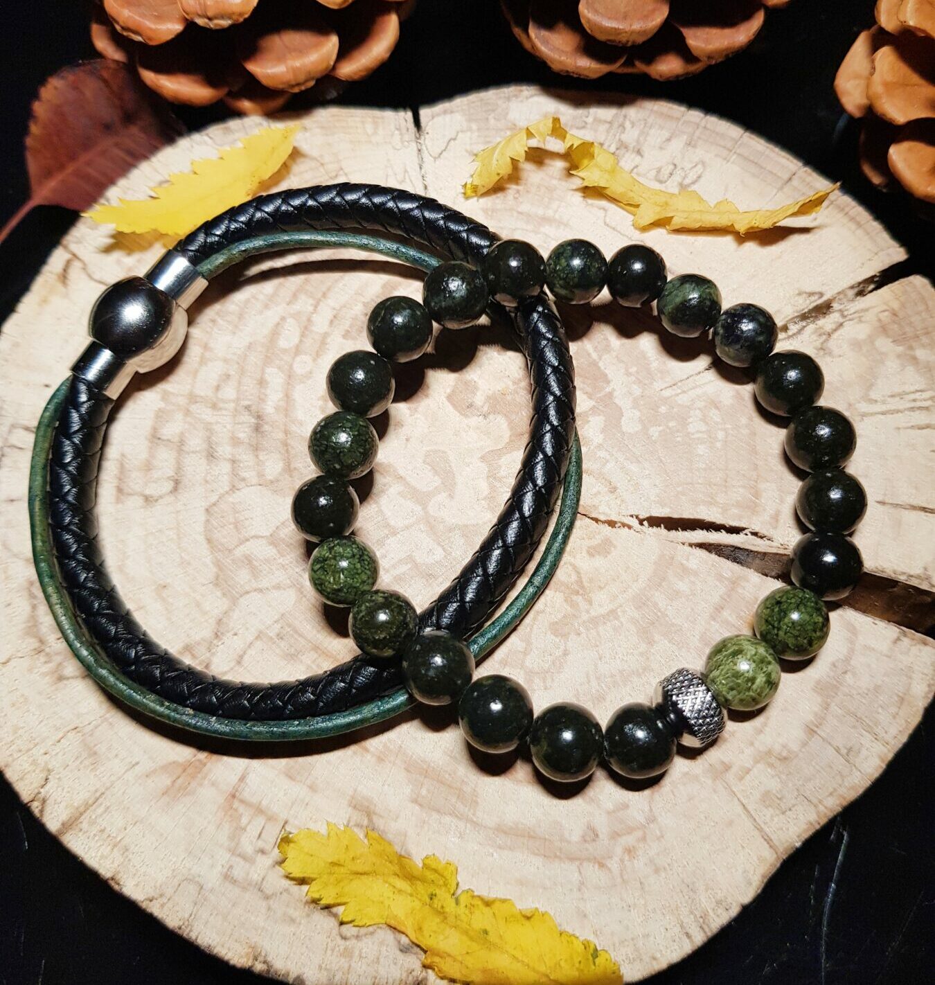 Duo de bracelets homme – perles naturelles Serpentine et cuir noir véritable