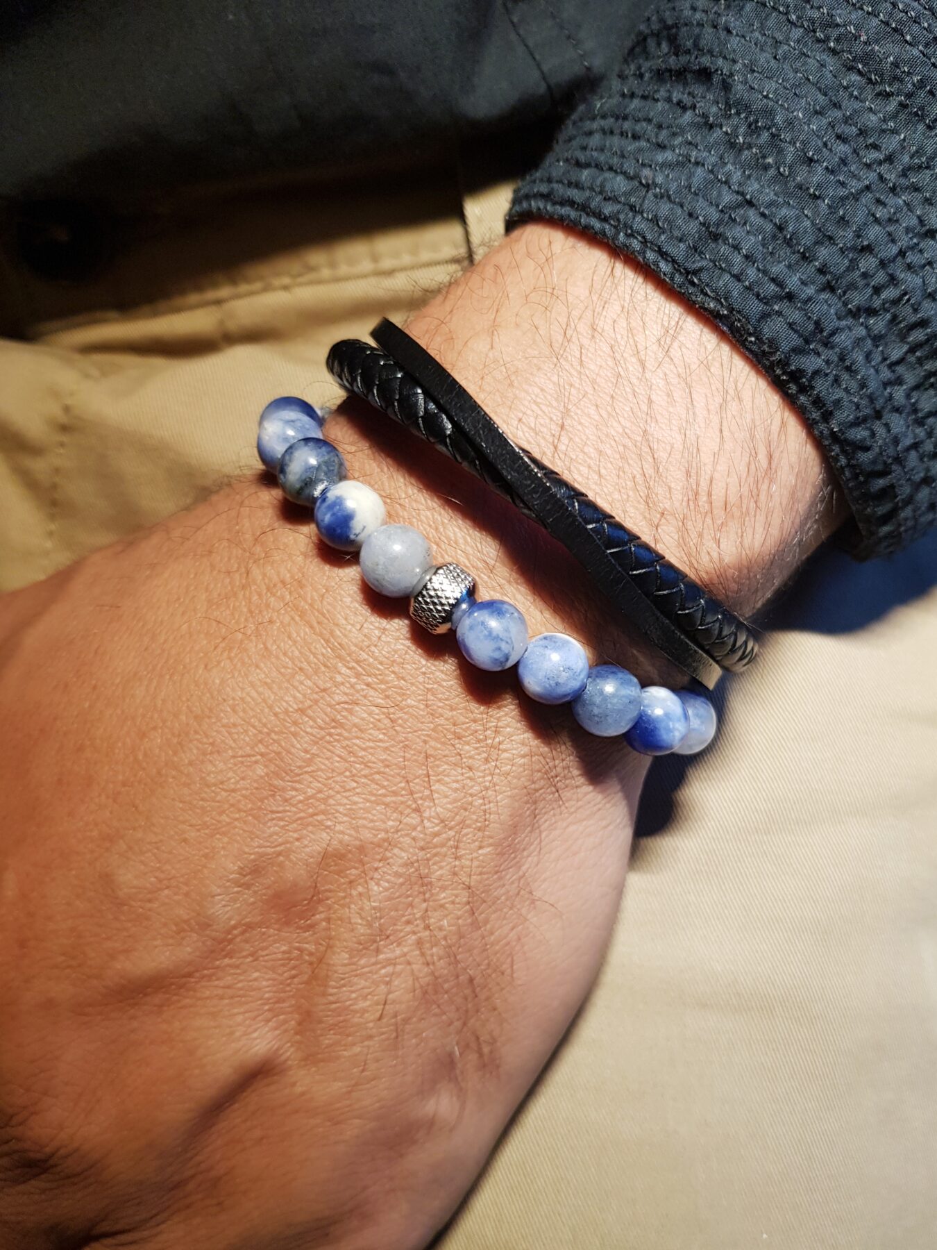 Duo de bracelets homme – perles naturelles Sodalite et cuir noir véritable