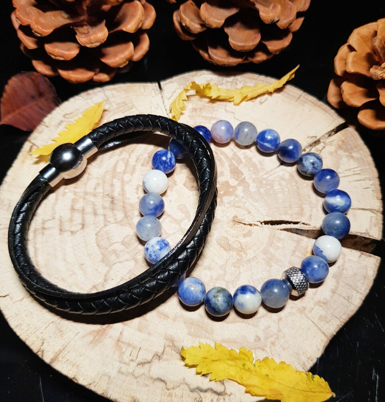 Duo de bracelets homme – perles naturelles Sodalite et cuir noir véritable