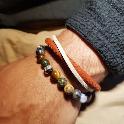 Duo de bracelets homme – mélange de perles naturelles et cuir marron véritable