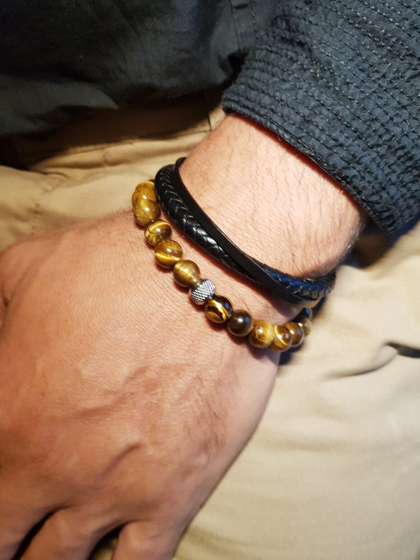 Duo de bracelets homme – perles naturelles Oeil de tigre et cuir noir véritable