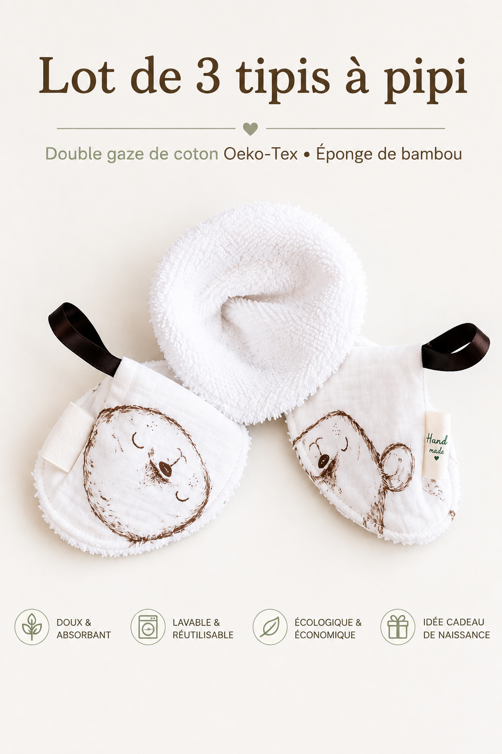Lot de 3 tipis à pipi bébé en double gaze de coton et éponge de bambou – Fait main – Cadeau naissance – Image 3